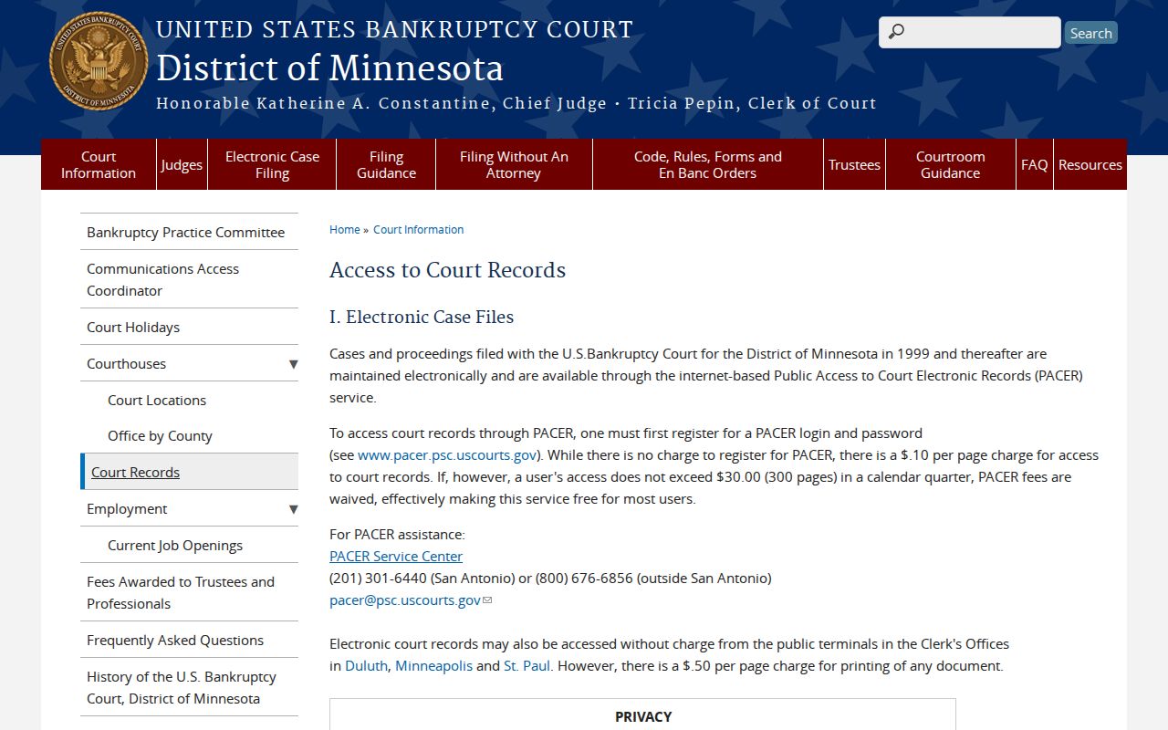 District of Minnesota Bankruptcy Court PACER and public terminal access instructions