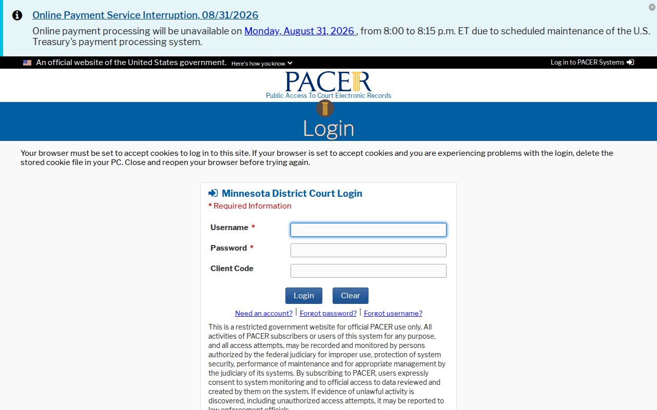 District of Minnesota CM ECF and PACER login page with federal court redaction notice