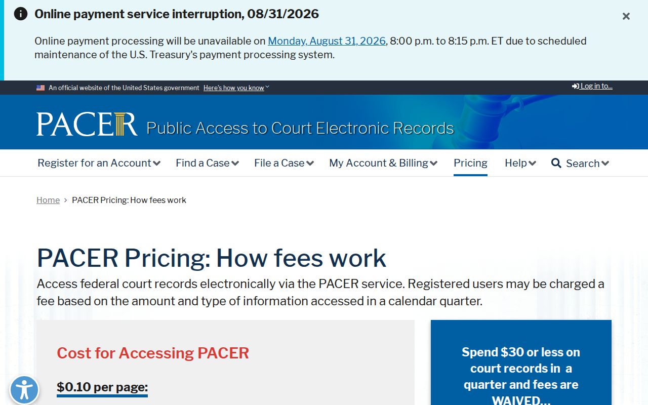 Official PACER pricing and document-access information for federal court records
