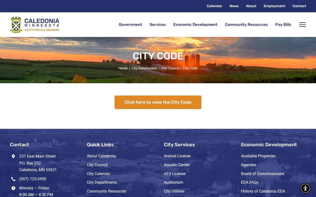 Caledonia official city-code page used for municipal ordinance navigation