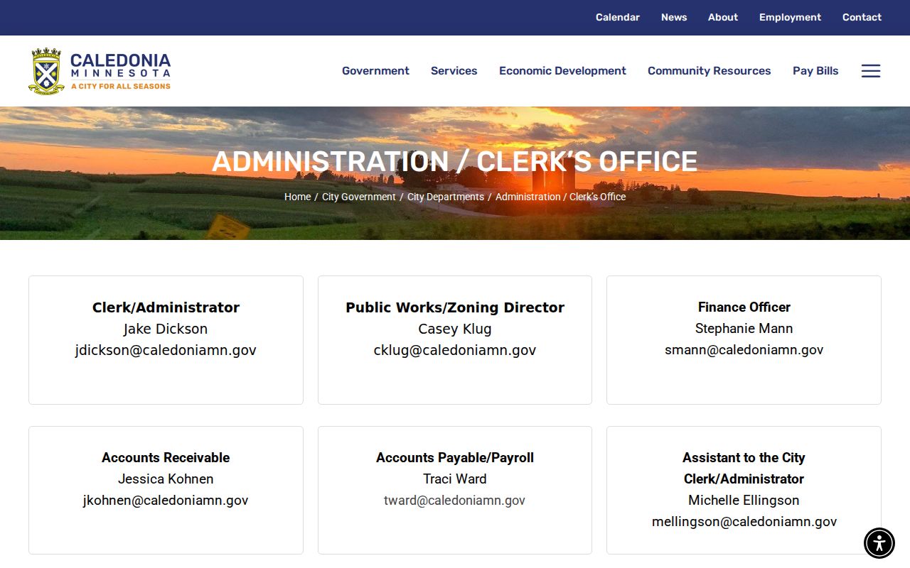 Caledonia City Clerk and Administrator page with City Hall contact details