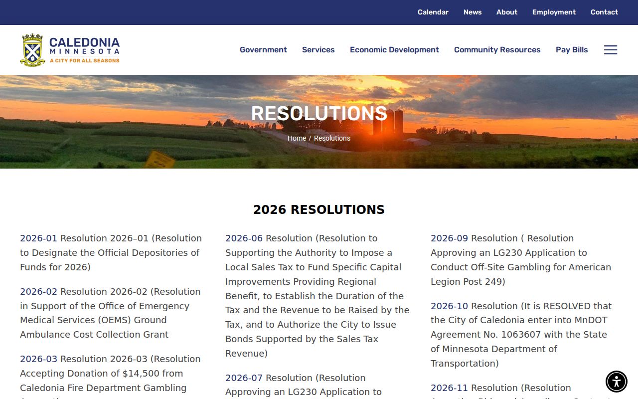 Caledonia resolutions page with city-side Minnesota Court Data Services context