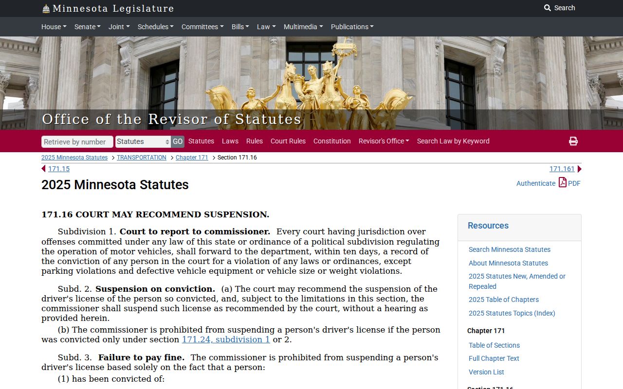 Minnesota statute page for reporting traffic convictions from court to the state