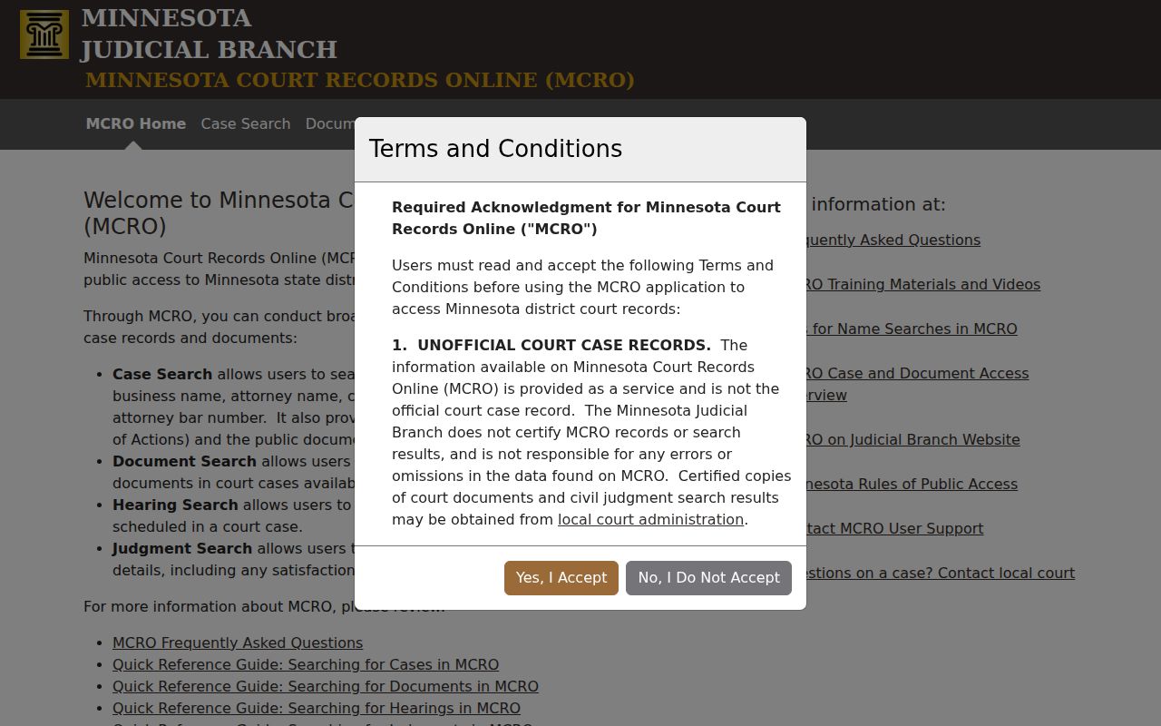 Houston County case lookup through the MCRO public-access landing page