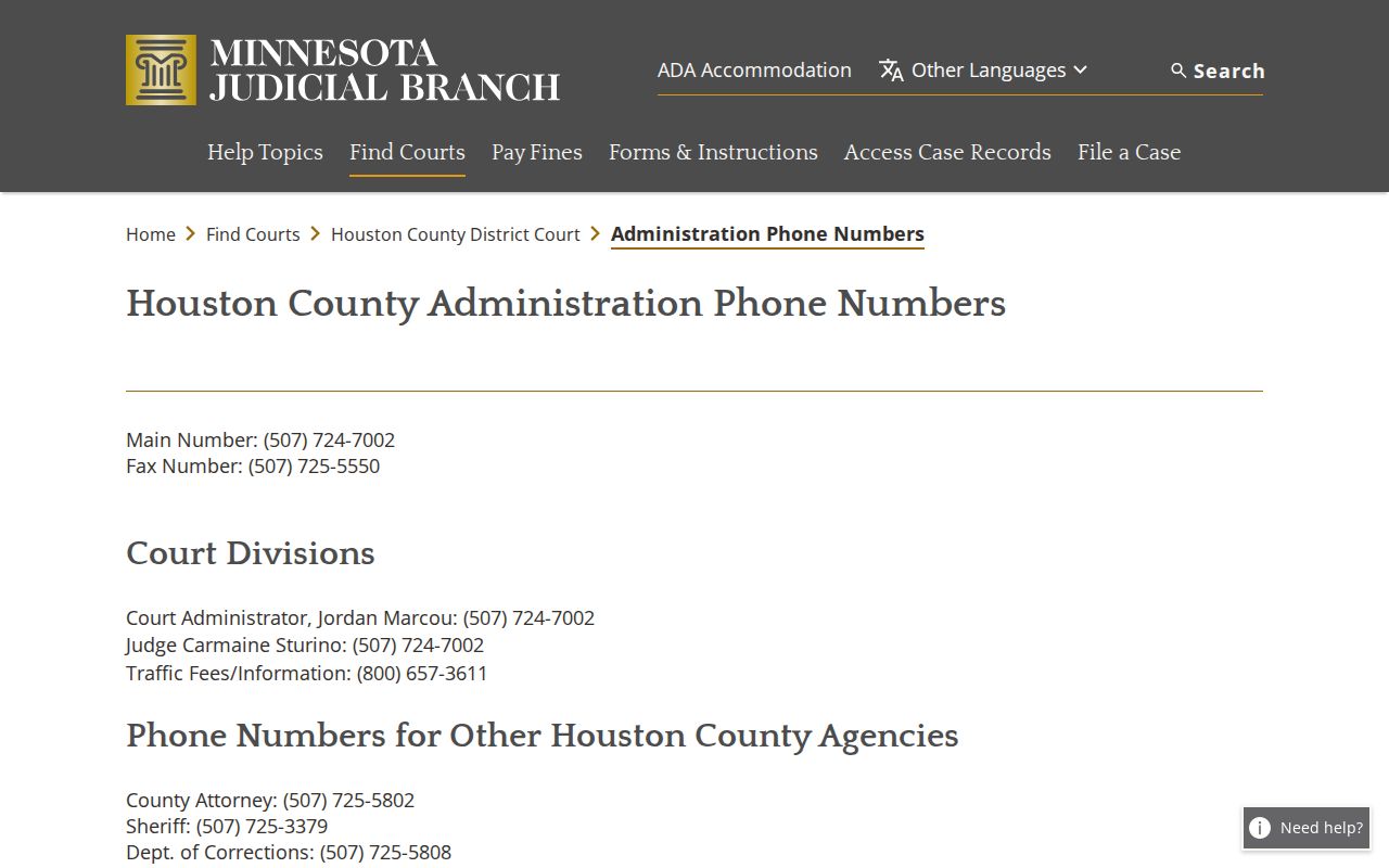 Houston County court dates and Court Administration contact directory