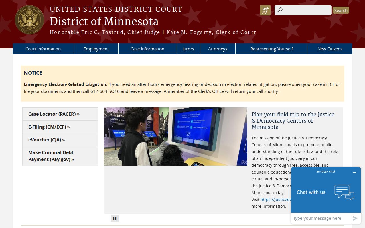United States District Court for the District of Minnesota homepage with federal court and PACER links