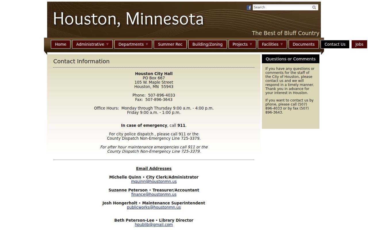 Houston Minnesota City Hall contact and department page
