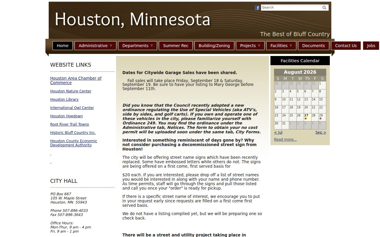 Official City of Houston Minnesota homepage for local government navigation