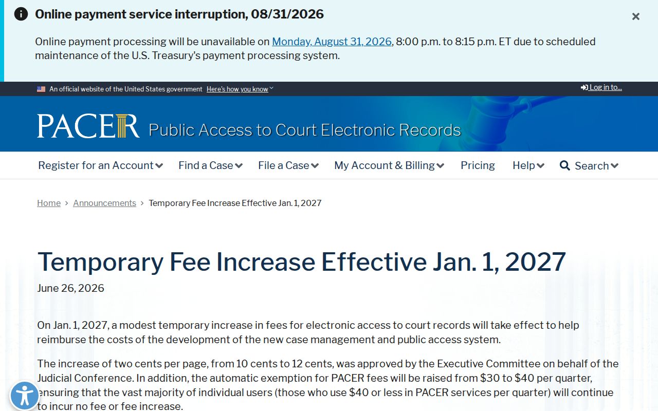 Houston County court docket federal PACER fee update notice
