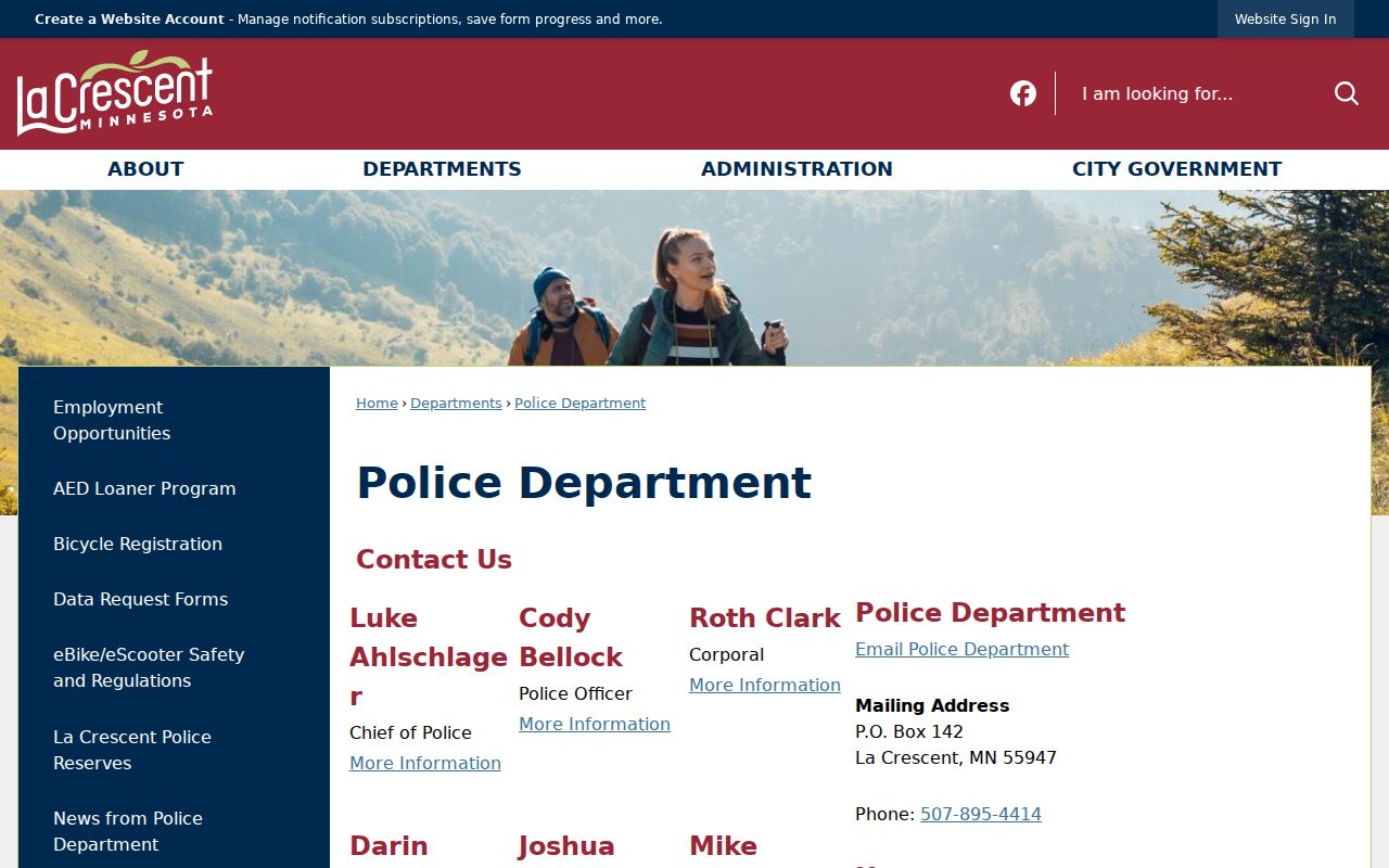 La Crescent Police Department page showing public contact and local law-enforcement routes