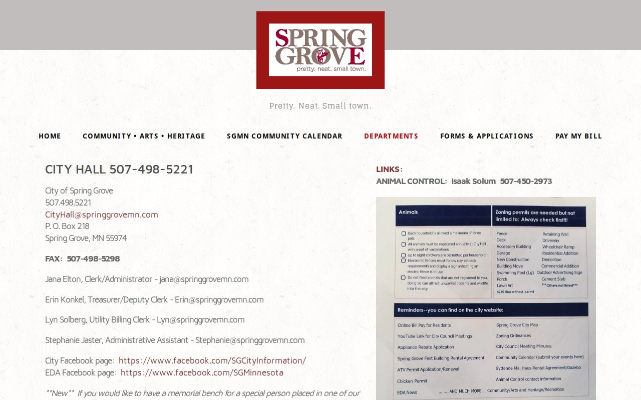 Spring Grove City Hall and Clerk Administrator contact page