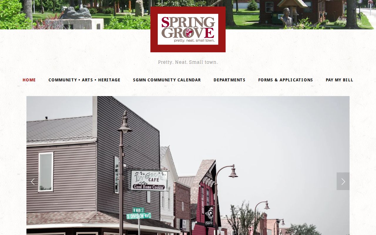 Official Spring Grove homepage with city-government navigation and website status notice