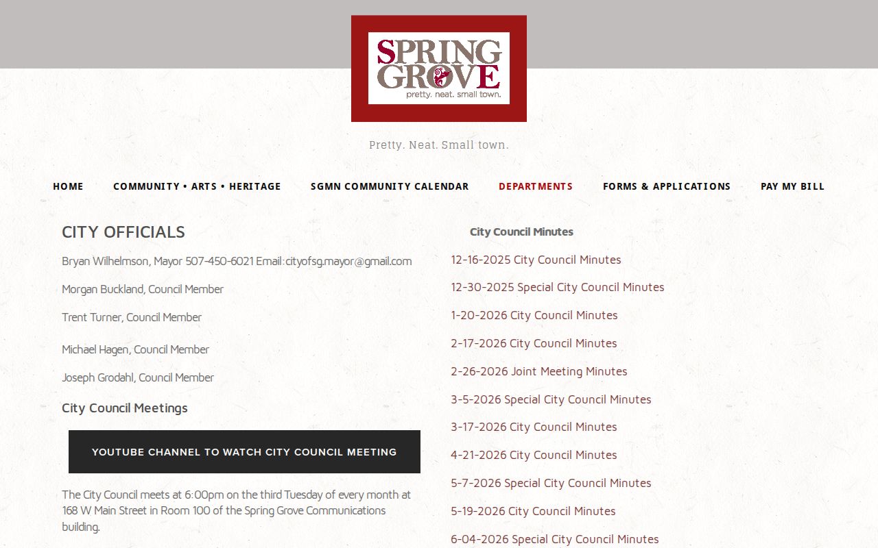 Spring Grove city officials page with council meeting and local government information